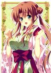  :d absurdres apron bad_id bad_yandere_id blue_eyes blush breasts brown_hair hair_bun hare_tokidoki_otenkiame highres inanokami_kanae japanese_clothes kimono kusukusu large_breasts long_hair looking_at_viewer obi open_mouth sash smile solo standing 