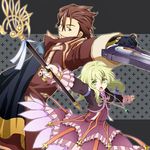  1girl :o alvin_(tales) black_gloves blonde_hair brown_eyes brown_hair coat cravat dress elize_lutus enomoto_(luck-by-luck) frills gloves green_eyes gun jewelry long_hair one_eye_closed open_mouth pendant tales_of_(series) tales_of_xillia wand weapon 