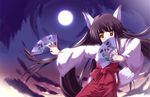  animal_ears black_hair brown_eyes cloud fan folding_fan full_moon hakama japanese_clothes long_hair miko moon original paper_fan red_hakama safi sky solo tail 