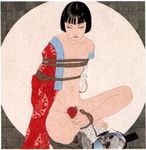  androgynous artist_request bdsm black_hair bondage bottomless bound fine_art_parody flower highres indian_style japanese_clothes male male_focus nihonga open_clothes parody rope rose sitting skull solo trap ukiyo-e yamamoto_takato 