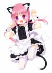  animal_ear_fluff animal_ears apron cat_ears dress fang full_body jumping long_hair maid meito_(maze) original pink_hair purple_eyes solo tail thighhighs twintails 