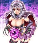  1girl black_legwear breasts claw_(weapon) detached_sleeves drill_hair frilled_skirt frills garter_straps hood hoodie jewelry large_breasts layered_skirt long_hair miniskirt nail_polish necklace orb purple_skirt red_eyes silver_hair skirt solo soulcalibur soulcalibur_v thighhighs viola_(soulcalibur) weapon 