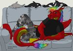 clothing dragon hair horn leviathan_(artist) looking_at_viewer male multi-colored_hair rainbow_hair scalie solo tail wings 