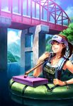  blush bracelet breasts bridge brown_hair cloud day fishing_lure fishing_rod grin holding holding_fishing_rod jewelry one_eye_closed original oropi overalls ponytail sky small_breasts smile solo tackle_box visor_cap wading water 