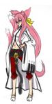  animal_ears arc_system_works bell belt blazblue cat_ears cat_tail female glasses hand_on_hip hips kokonoe labcoat long_hair midriff multiple_tails pants pink_hair ponytail red_eyes ribbon sandals solo tail ue-sita yellow_ribbon 