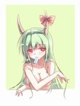  bad_id bad_pixiv_id bow bra breasts cleavage ex-keine food food_in_mouth green_hair highres horn_bow horns kamishirasawa_keine lingerie long_hair medium_breasts mouth_hold popsicle red_eyes siqi_(miharuu) solo touhou underwear upper_body 