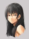  bare_shoulders black_hair brown_eyes expressionless face grey_background hair_between_eyes long_hair nekomamire original portrait simple_background solo yellow_eyes 