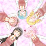  akemi_homura black_hair blonde_hair blue_hair bow circle_formation company_connection cosplay creator_connection dp_nobi drill_hair hairband hidamari_sketch highres kaname_madoka long_hair mahou_shoujo_madoka_magica miki_sayaka mizuhashi_kaori multiple_girls open_mouth pink_hair red_hair ribbon sakura_kyouko school_uniform seiyuu_connection shaft short_hair short_twintails smile tomoe_mami twin_drills twintails 