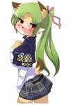  blush canine clothed clothing female fox green_hair hair long_green_hair long_hair looking_at_viewer mammal pinup plain_background pose raijin red_eyes ribbons shirt skirt solo standing white_background 
