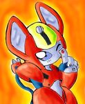  cute female grey grey_eyes machine madeenchan mechanical medabots one_eye_closed orange_background peppercat plain_background red red_body robot solo tail wink 