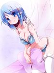  bare_shoulders bed blue_eyes blue_hair bra breasts cleavage collarbone hair_ornament hairclip large_breasts lingerie mahou_shoujo_madoka_magica miki_sayaka miuku_(marine_sapphire) on_bed panties pillow short_hair sitting smile solo thighhighs underwear underwear_only white_legwear 