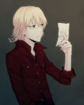  bad_id bad_pixiv_id banned_artist barnaby_brooks_jr blonde_hair blue_eyes glasses jacket jewelry male_focus necklace paper red_jacket solo teenage tiger_&amp;_bunny u_(mypace) 
