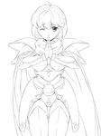  armor cape face flare_(langrisser) flying_sweatdrops gauntlets greyscale hands_together highres langrisser langrisser_iii lineart monochrome one_eye_closed open_mouth own_hands_together pauldrons short_hair solo thighhighs uchiu_kazuma 
