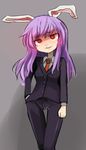  animal_ears bunny_ears formal hospital_king necktie pants purple_hair red_eyes red_neckwear reisen_udongein_inaba smile solo suit touhou 