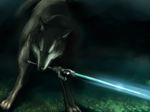  brown_eyes dark_background dark_souls glowing glowing_sword glowing_weapon great_grey_wolf_sif kaiga mouth_hold no_humans souls_(from_software) standing sword unsheathed weapon wolf 