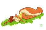  2011 animal_ears big_breasts breasts brown_hair cleavage clothing dress female fluffy_tail freckles green_eyes hair huge_breasts legs lying on_side penny_(character) plain_background rodent short_hair squirrel tail white_background zaftigbunnypress 
