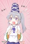  blue_eyes blush grey_eyes hat japanese_clothes kairakuen_umenoka kariginu mononobe_no_futo open_mouth ribbon solo tate_eboshi touhou translation_request wide_sleeves 