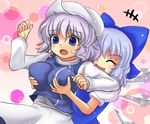  &gt;_&lt; :d :o ^_^ apron blue_eyes blue_hair blush bow breast_grab breasts bubble cirno closed_eyes dress embarrassed grabbing groping hair_bow hat ice impossible_clothes impossible_shirt kurowana large_bow large_breasts lavender_hair leaning_back letty_whiterock long_sleeves multiple_girls nervous open_mouth pink_background puffy_short_sleeves puffy_sleeves purple_hair shiny shirt short_sleeves skirt smile standing surprised sweatdrop touhou vest wings xd 