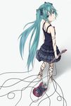  anklet aqua_eyes aqua_hair bad_id bad_pixiv_id barefoot black_dress broken broken_guitar cable dress electric_guitar frilled_dress frills from_behind full_body guitar hatsune_miku heisei_yutorin instrument jewelry kneepits long_hair looking_at_viewer looking_back simple_background solo standing tears toenail_polish twintails very_long_hair vocaloid white_background 