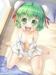  :d bare_shoulders barefoot bed bra breasts breasts_apart bun_cover collarbone double_bun dress_shirt endou_hiroto face fang feet foreshortening from_above green_eyes green_hair highres lingerie looking_up navel nipples on_bed open_bra open_clothes open_mouth open_shirt original panties petite pillow seisuiten_maruru shirt short_hair sitting small_breasts smile solo striped striped_panties toes underwear untied wariza 