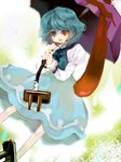  aqua_skirt bad_id bad_pixiv_id blue_eyes blue_hair heterochromia karakasa_obake medium_skirt open_mouth print_skirt purple_umbrella red_eyes serohan2 short_hair skirt solo tatara_kogasa tongue touhou umbrella 