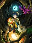  adovo bird blue_eyes blue_hair boots cave character_request cloak copyright_request double_bun leaf moss orb solo squatting tree 