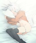 animal_ears black_legwear blue_eyes cat_ears cat_tail covering_face feet_out_of_frame fetal_position hood hoodie looking_at_viewer lying majima_yuki navel no_pants on_bed open_clothes open_shirt original panties panty_pull pillow pillow_hug plantar_flexion shirt short_hair silver_hair solo sunlight tail tears thighhighs underwear 