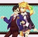  1girl black_hair blazer blonde_hair brown_eyes choker collarbone glasses gradient_hair green_hair jacket jude_mathis long_hair messy_hair milla_maxwell multicolored_hair necktie red_eyes school_uniform single_thighhigh tales_of_(series) tales_of_xillia thighhighs zubora_na_kintoki 