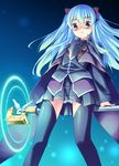  :&lt; aqua_hair black_skirt cape eiyuu_densetsu green_eyes hoshizaki_hikaru miniskirt panties pantyshot pleated_skirt skirt solo striped striped_skirt thighhighs tio_plato two_side_up underwear zero_no_kiseki 