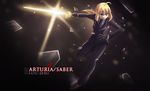  black_gloves blonde_hair excalibur fate/stay_night fate/zero fate_(series) formal gloves green_eyes neck_tie necktie pant_suit ponytail saber solo suit sword weapon 