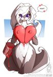  &lt;3 animal_ears avoid_posting big_breasts blue_eyes bodypaint breast_squish breasts bucket chloe_sinclaire conditional_dnp female fluffy_tail hair huge_breasts jollyjack lipstick long_hair looking_at_viewer mammal nipples nude paint red_paint skunk solo tail white_hair wide_hips 