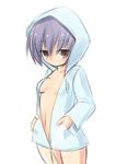  blue_hair copyright_request hands_in_pockets hood hooded_jacket jacket kourourin nude open_clothes red_eyes short_hair solo 