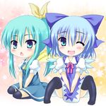  aqua_hair bad_id bad_pixiv_id black_legwear blue_dress blue_eyes blue_hair blush bow chibi cirno daiyousei dress fang fujisaki_kaon hair_bow hair_ribbon multiple_girls one_eye_closed open_mouth print_dress ribbon short_dress short_sleeves side_ponytail sitting smile striped striped_dress thighhighs touhou v_arms zettai_ryouiki 