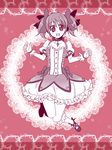  bow bubble_skirt dress frilled_skirt frills gloves hair_bow happy highres kaname_madoka magical_girl mahou_shoujo_madoka_magica miniskirt pink pink_background pink_skirt samsara_(ring) short_twintails skirt smile solo twintails 