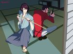  arsene_lupin_iii bad_deviantart_id bad_id black_hair formal gun ishikawa_goemon_xiii jacket japanese_clothes lupin_iii male_focus multiple_boys red_jacket shin'ya_(midnight_rain) sideburns squatting suit sword weapon 