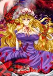  archienemy blonde_hair breasts bug butterfly cleavage dress elbow_gloves frills gloves hair_ribbon hat huge_breasts insect long_hair naughty_face purple_eyes ribbon solo touhou umbrella white_gloves yakumo_yukari 