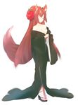 animal_ears breasts brown_hair cleavage closed_eyes hair_ornament high_heels highres japanese_clothes kimono long_hair medium_breasts naso4 off_shoulder open_toe_shoes original sandals shoes solo tail toes wedge_heels wolf_ears wolf_tail 
