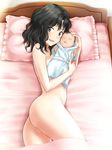  1girl amagami ass baby bed black_eyes black_hair blush censored eyes_closed hand_on_head long_hair looking_at_viewer lying messy_hair mother myu-po nude on_side open_mouth pillow pussy tanamachi_kaoru 