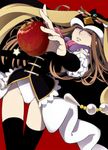  animal_hat apple bad_id bad_pixiv_id black_legwear brown_hair detached_sleeves food fruit hat komo_(sleepy) lips long_hair mawaru_penguindrum princess_of_the_crystal purple_eyes solo takakura_himari thighhighs 