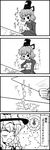  4koma bow braid comic danmaku directional_arrow dress ghost_tail greyscale hair_bow hat hat_bow highres jitome kirisame_marisa monochrome multiple_girls paper scissors soga_no_tojiko static_cling tate_eboshi tog touhou translated yatteyan'yo 