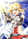  armor armored_dress artoria_pendragon_(all) belt blush cosplay diesel-turbo dress elbow_gloves fate/stay_night fate_(series) fingerless_gloves gloves green_eyes hidan_no_aria jeanne_d'arc_(hidan_no_aria) jeanne_d'arc_(hidan_no_aria)_(cosplay) kawasumi_ayako light_rays open_mouth saber seiyuu_connection solo sunbeam sunlight sword vambraces weapon 
