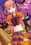  amarisu bad_id bad_pixiv_id bat black_cat cat crescent_moon elbow_gloves gloves halloween happy_halloween midriff moon mouth_hold navel original pink_hair red_eyes solo spoon striped striped_legwear thighhighs 