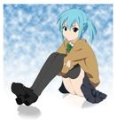  blue_eyes blue_hair fukuoka_katsumi leg_hug misaki_(fukuoka_katsumi) original school_uniform short_hair solo sweater thighhighs twintails 