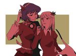  aki_shizuha animal arm_up cat cigarette eye_contact face hair_ornament hand_on_another's_hip leaf leaf_hair_ornament leaf_on_head looking_at_another monochrome multiple_girls onikobe_rin purple_hair red short_hair simple_background touhou yasaka_kanako 