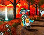  autumn bad_id bad_pixiv_id blue_eyes blue_hair ground_vehicle hair_bobbles hair_ornament kawashiro_nitori motor_vehicle nature open_mouth scenery scooter shiratama_(hockey) short_hair solo touhou traditional_media tree two_side_up water waterfall 