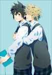  2boys black_hair blonde_hair blue_background book disney eyes_closed gold_eyes happy hug kingdom_hearts multiple_boys necktie open_mouth sana423 school_uniform short_hair smile square_enix tie uniform vanitas ventus yellow_eyes 