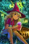  blonde_hair blue_eyes hat hirokazu lantern original shirt sitting solo striped striped_shirt witch_hat 