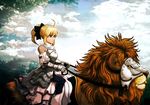  aqua_eyes armor armored_dress artoria_pendragon_(all) bare_shoulders blonde_hair bow cielociel detached_sleeves dress fate/stay_night fate/unlimited_codes fate_(series) faulds hair_bow hair_ribbon lion long_hair ponytail ribbon riding saber saber_lily solo 