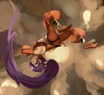  adovo anklet arabian_clothes backflip baggy_pants breasts jewelry lowres medium_breasts pants pointy_ears ponytail purple_hair shantae_(character) shantae_(series) smile solo somersault 