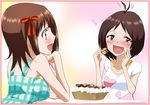  amami_haruka blush brown_eyes brown_hair checkerboard_cookie cookie food green_eyes hidaka_ai idolmaster idolmaster_(classic) idolmaster_dearly_stars multiple_girls short_hair tame_meshi 